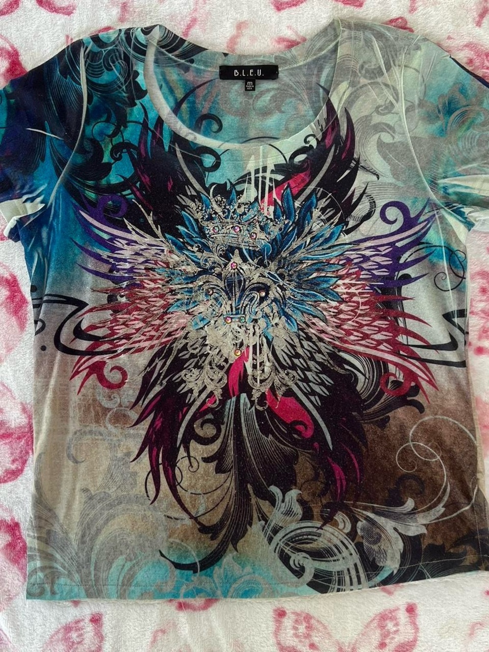 Y2k B.L.E.U. Multicolor Winged Crest Short Sleeve Tee - Blue Purple Pink